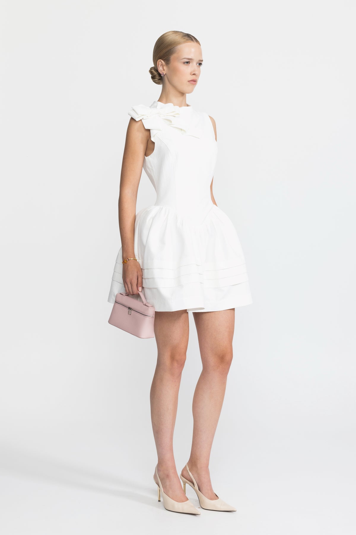 Baumwoll-Minikleid mit geformter Schleife und tief sitzender Taille – Weiß 