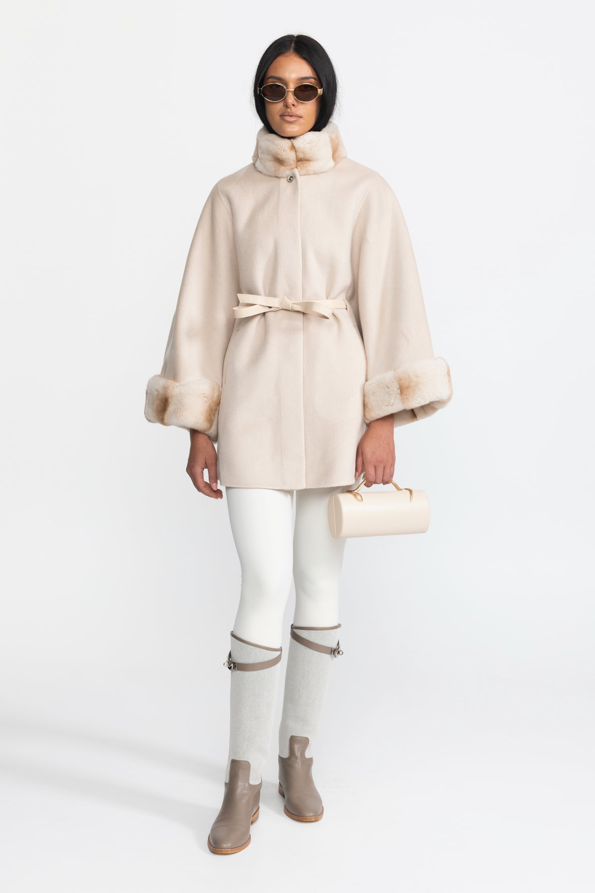 Belted Wool&Cashmere Cape Coat with Chinchilla Rex Fur Collar and Cuffs - Ivoire