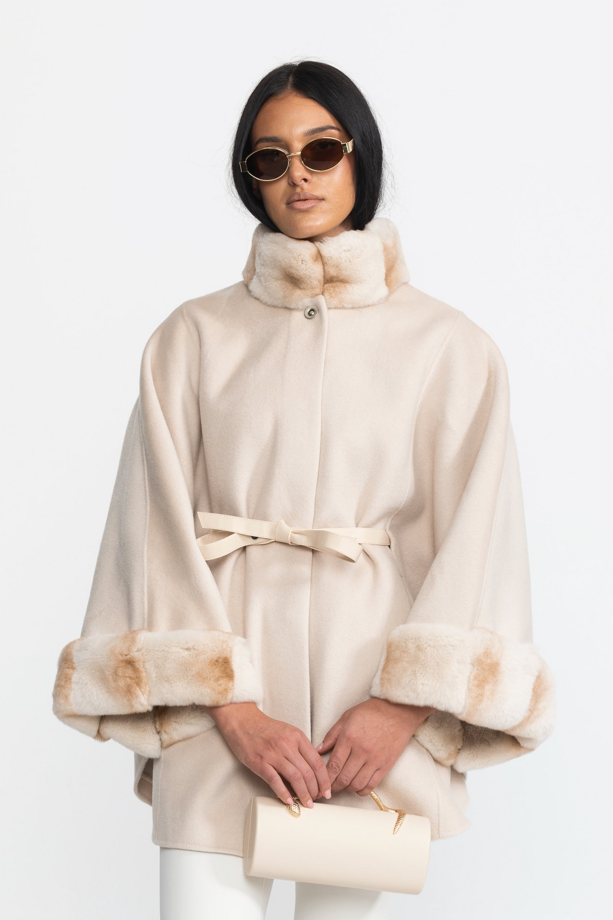 Belted Wool&Cashmere Cape Coat with Chinchilla Rex Fur Collar and Cuffs - Ivoire