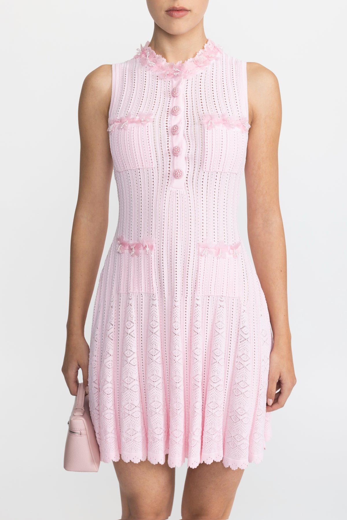 Mini-Kleid aus Pointelle-Strick mit Organza-Blütenbesatz – Pink 