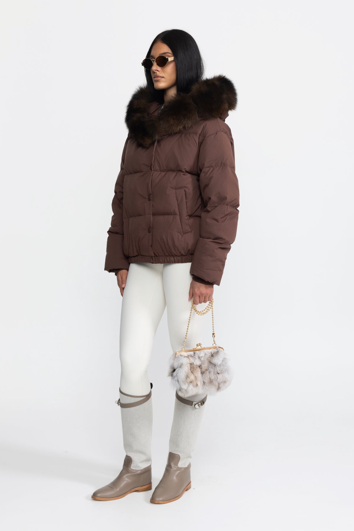Fox Fur Hood Cropped Down Puffer Jacket - Chocolate