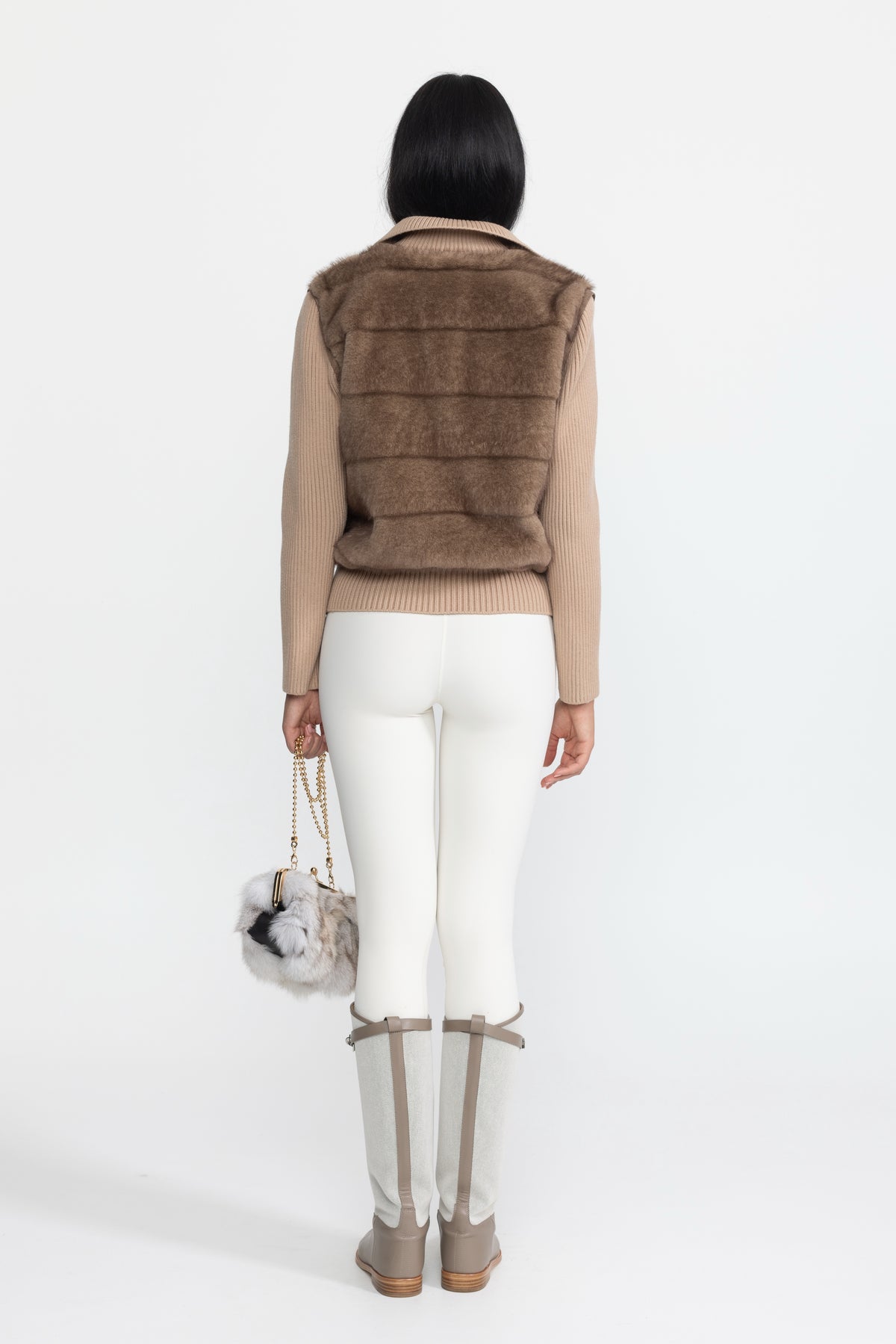 Plush Panel Knit Sleeve Zip Jacket - Mocha