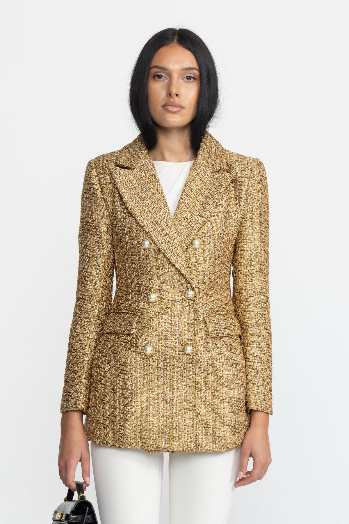Doppelreihiger Blazer aus Metallic-Tweed mit Perlmuttknöpfen – Gold 