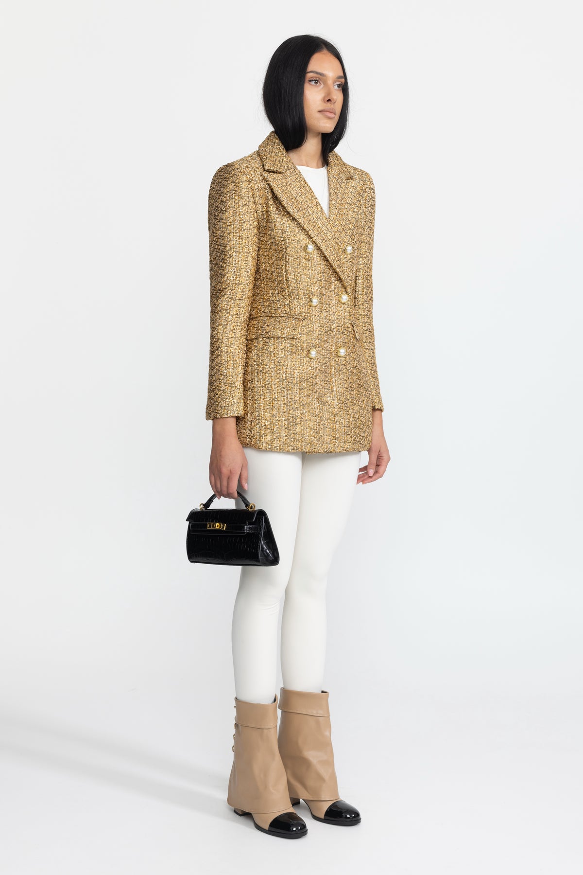 Doppelreihiger Blazer aus Metallic-Tweed mit Perlmuttknöpfen – Gold 