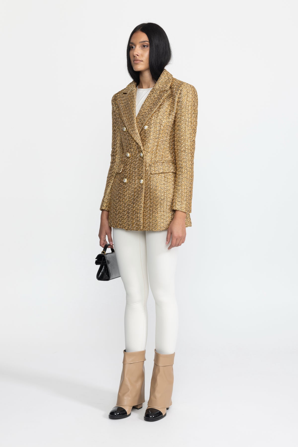 Doppelreihiger Blazer aus Metallic-Tweed mit Perlmuttknöpfen – Gold 