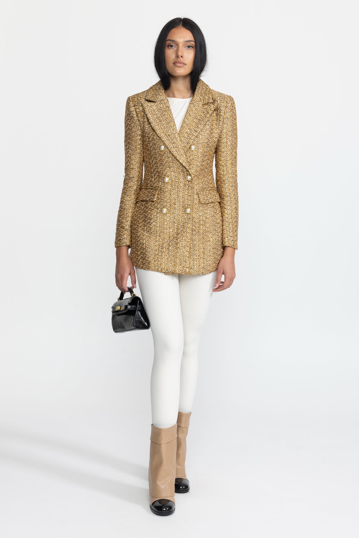 Doppelreihiger Blazer aus Metallic-Tweed mit Perlmuttknöpfen – Gold 