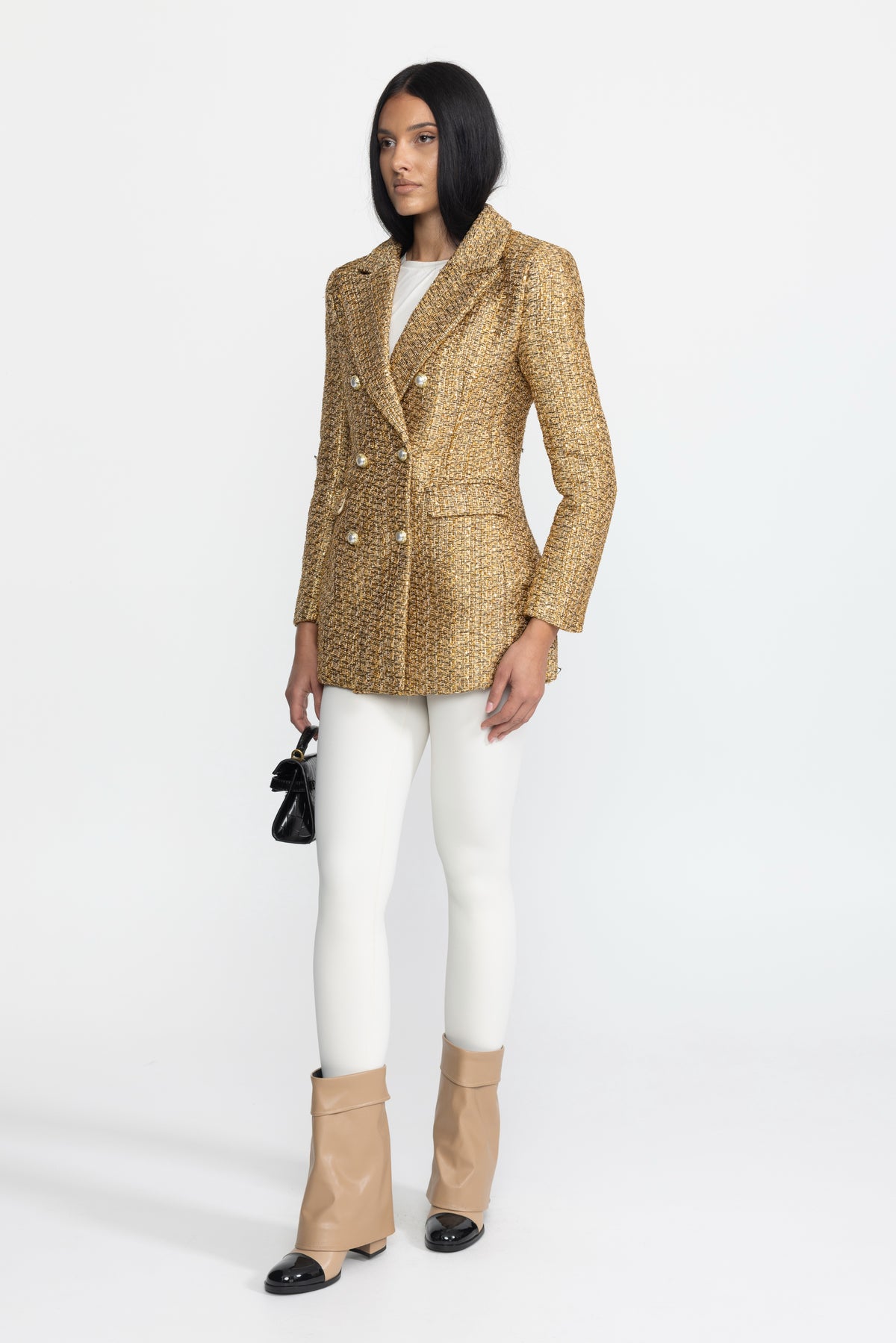Doppelreihiger Blazer aus Metallic-Tweed mit Perlmuttknöpfen – Gold 