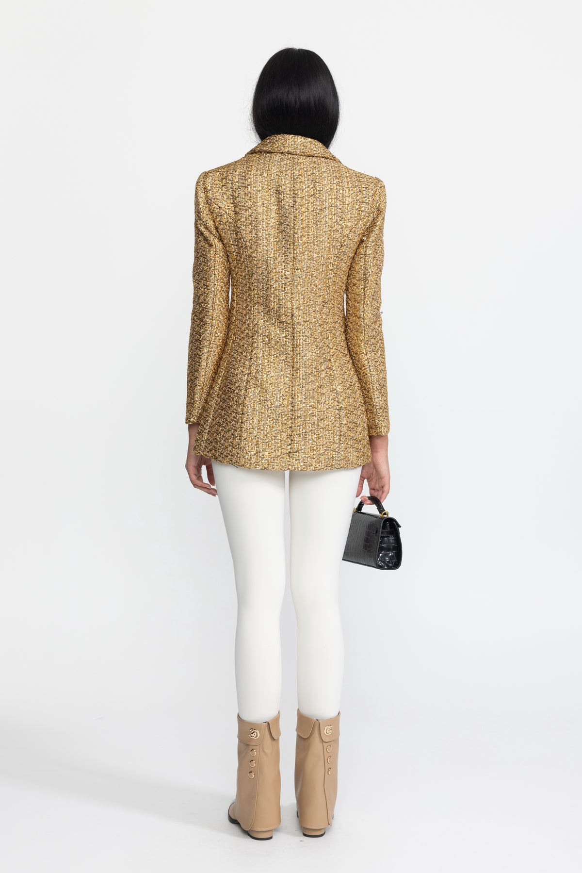 Doppelreihiger Blazer aus Metallic-Tweed mit Perlmuttknöpfen – Gold 