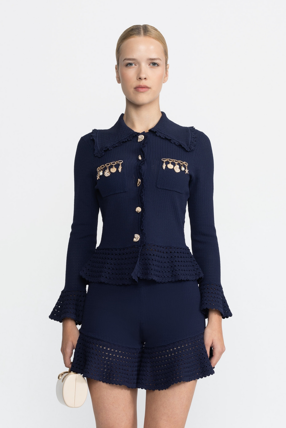 Charm Embellished Knit Peplum Cardigan and Ruffle Shorts Co-ord Set - Navy