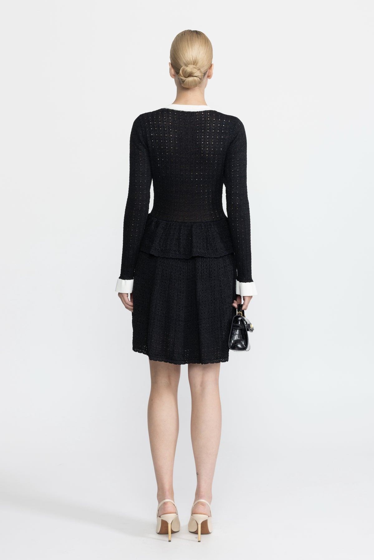 Pointelle Knit Peplum Mini Dress with Gold Buttons - Black