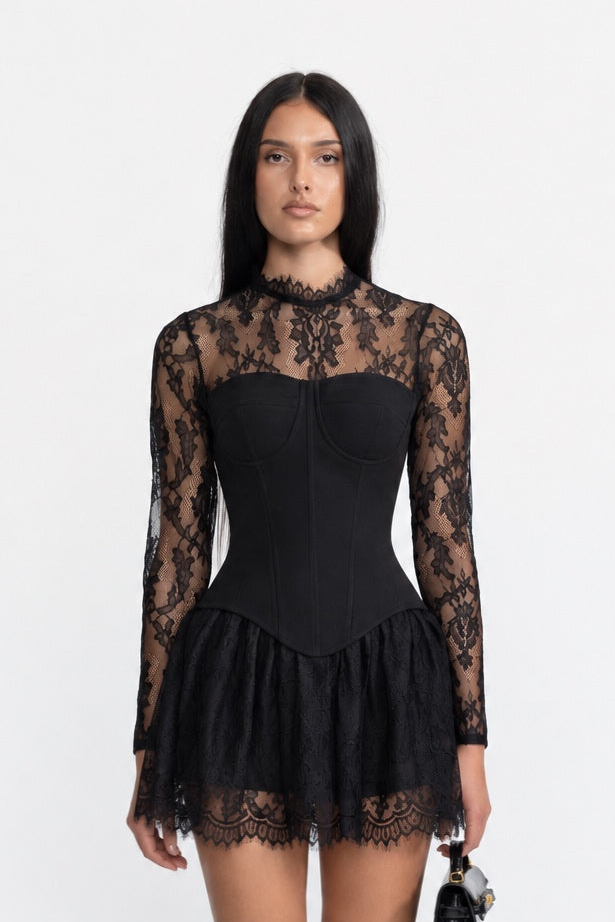 Corsagen-Minikleid mit Spitzeneinsatz und Spitzen-Rüschenrock - Schwarz 