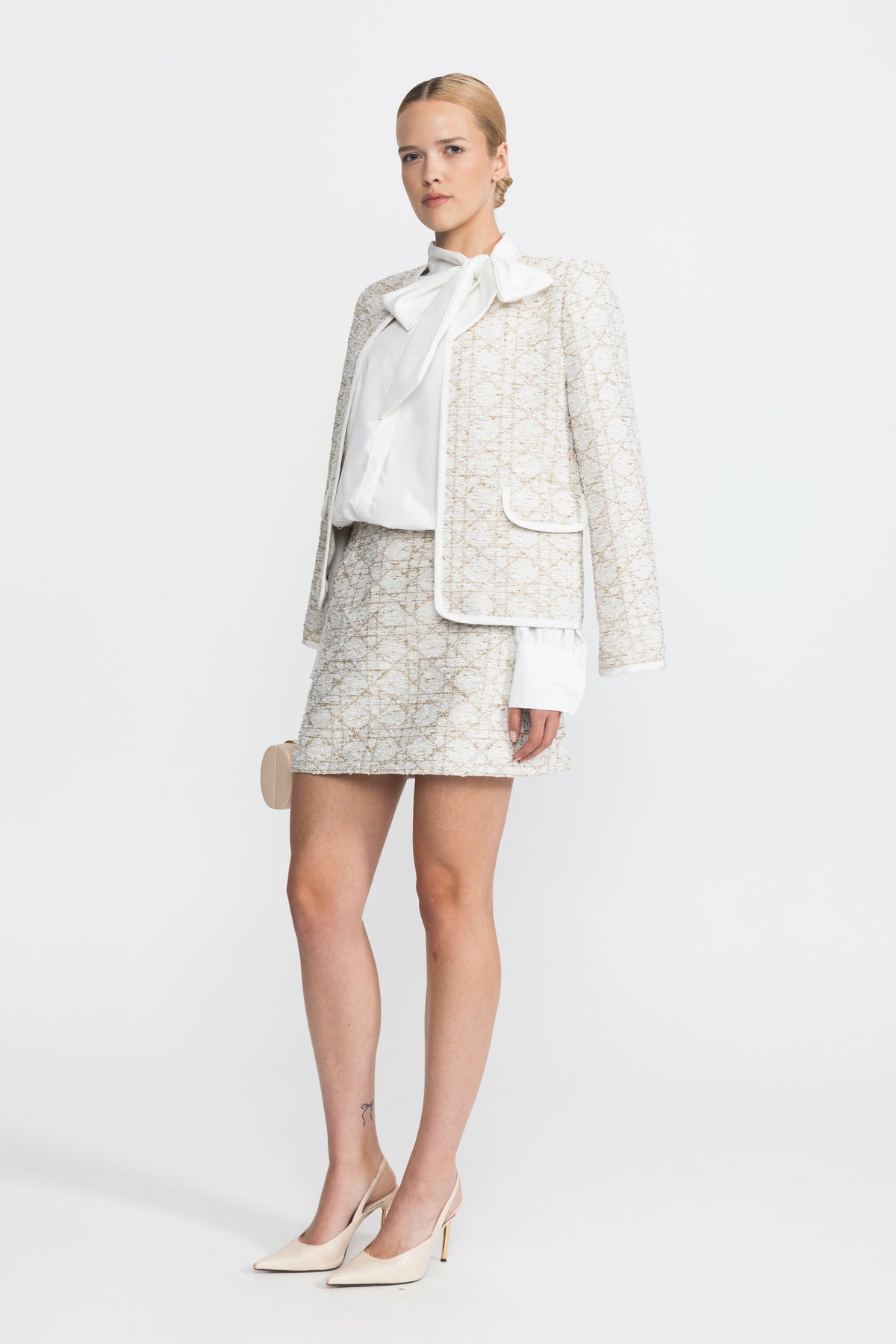 Metallic Jacquard Tweed Jacket and Mini Skirt Co-ord Set - Ivoire