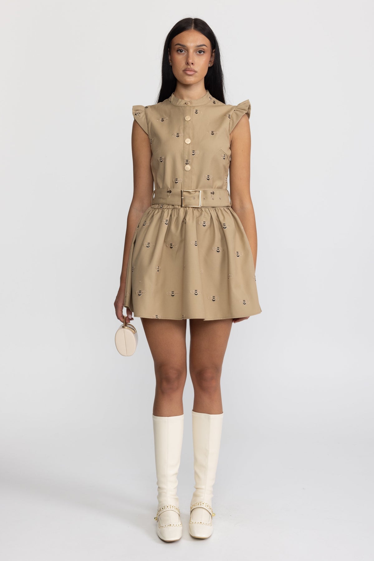 Besticktes Baumwoll-Minikleid mit Bienenmotiv und Gürtel - Khaki 