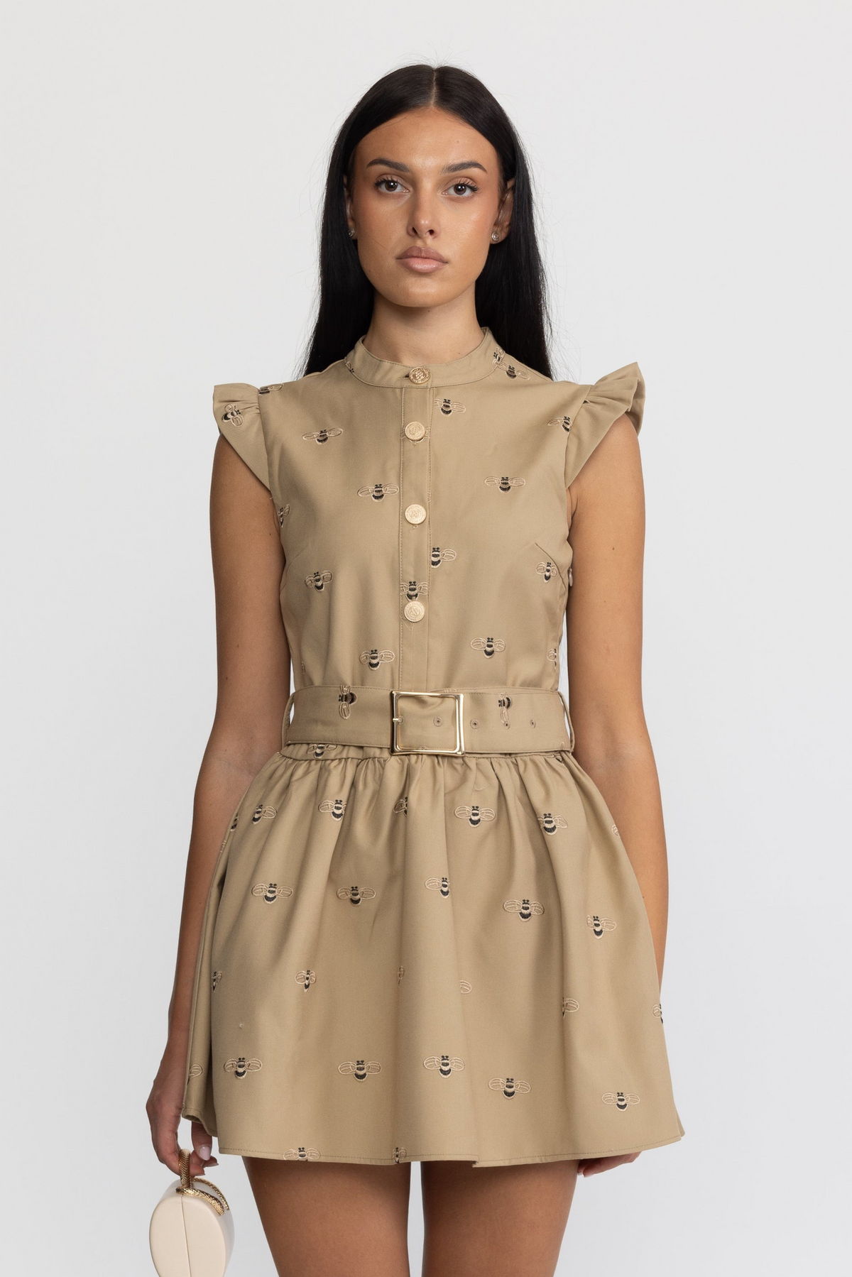 Besticktes Baumwoll-Minikleid mit Bienenmotiv und Gürtel - Khaki 