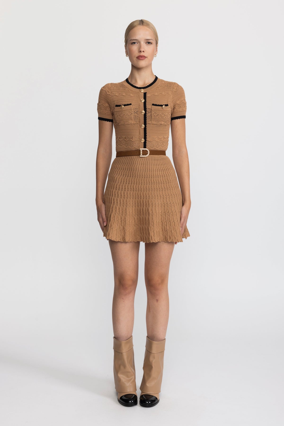 Pointelle Knit Belted Mini Dress with Contrast Trim - Camel