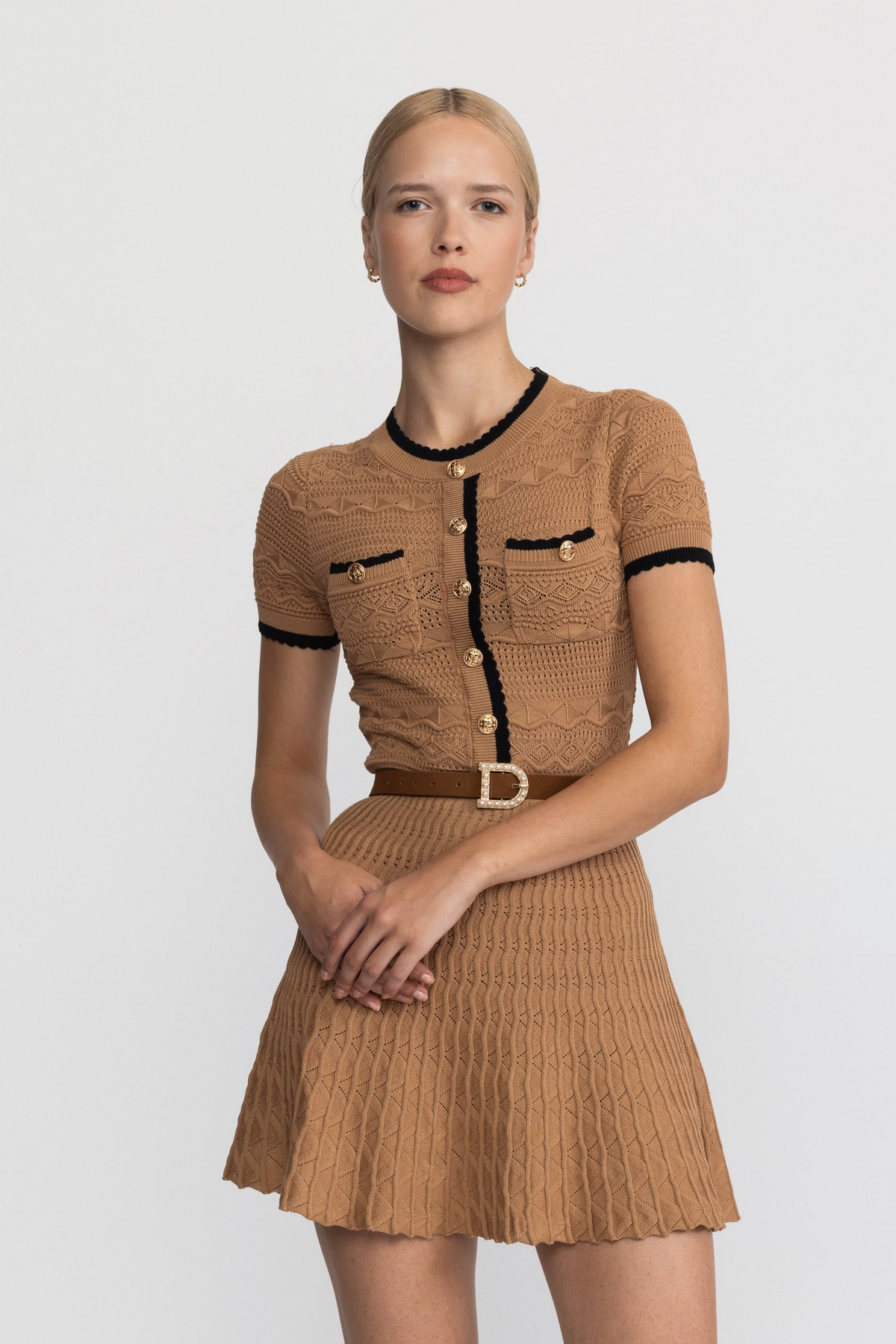 Pointelle Knit Belted Mini Dress with Contrast Trim - Camel