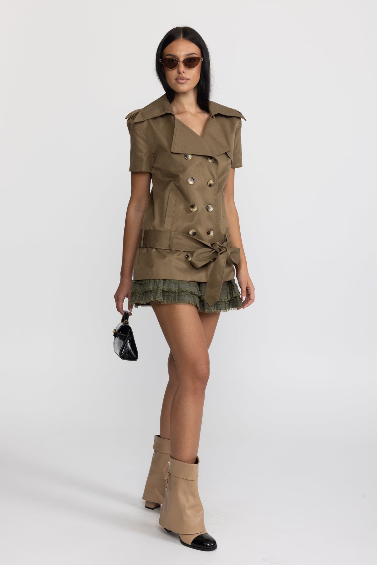 Trench Top and Ruffle Hem Mini Skirt Co-ord Set - Olive