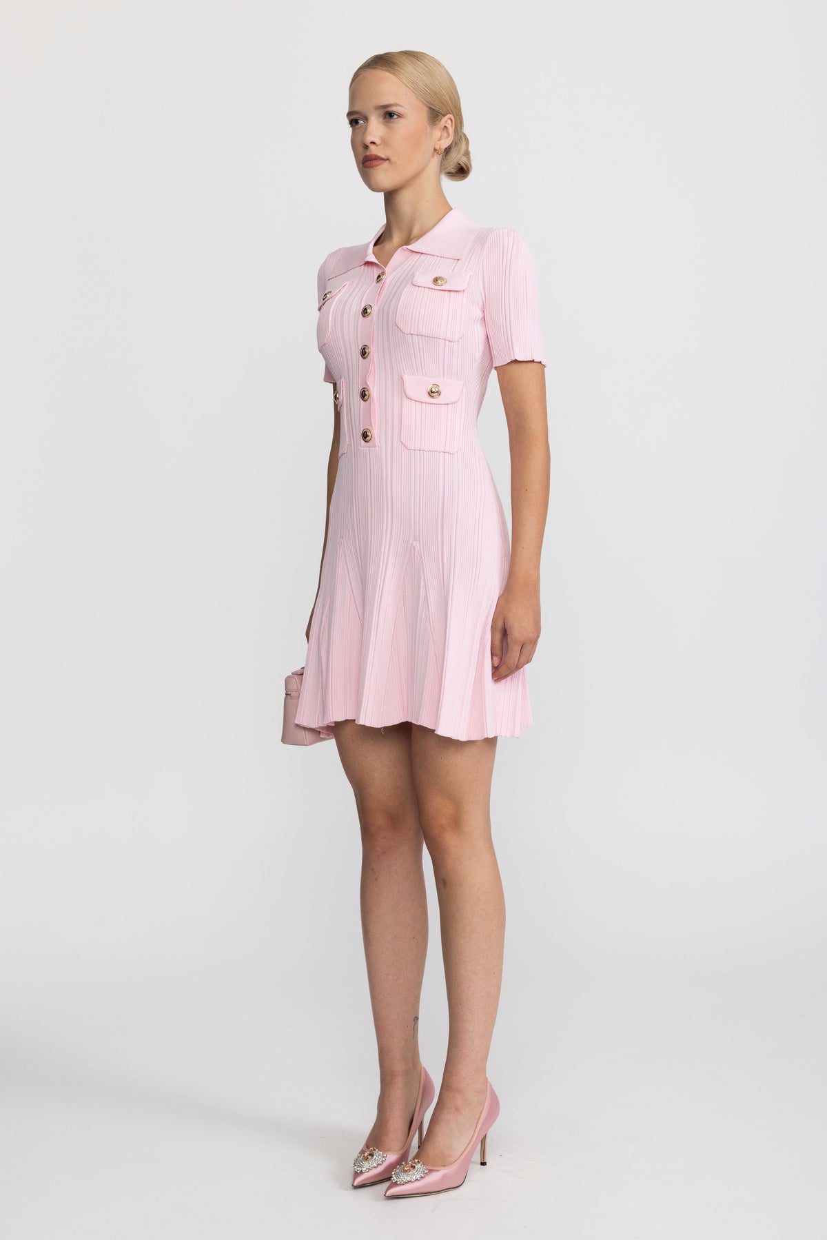Polo Collar Rib Knit Mini Dress with Gold Buttons - Pink