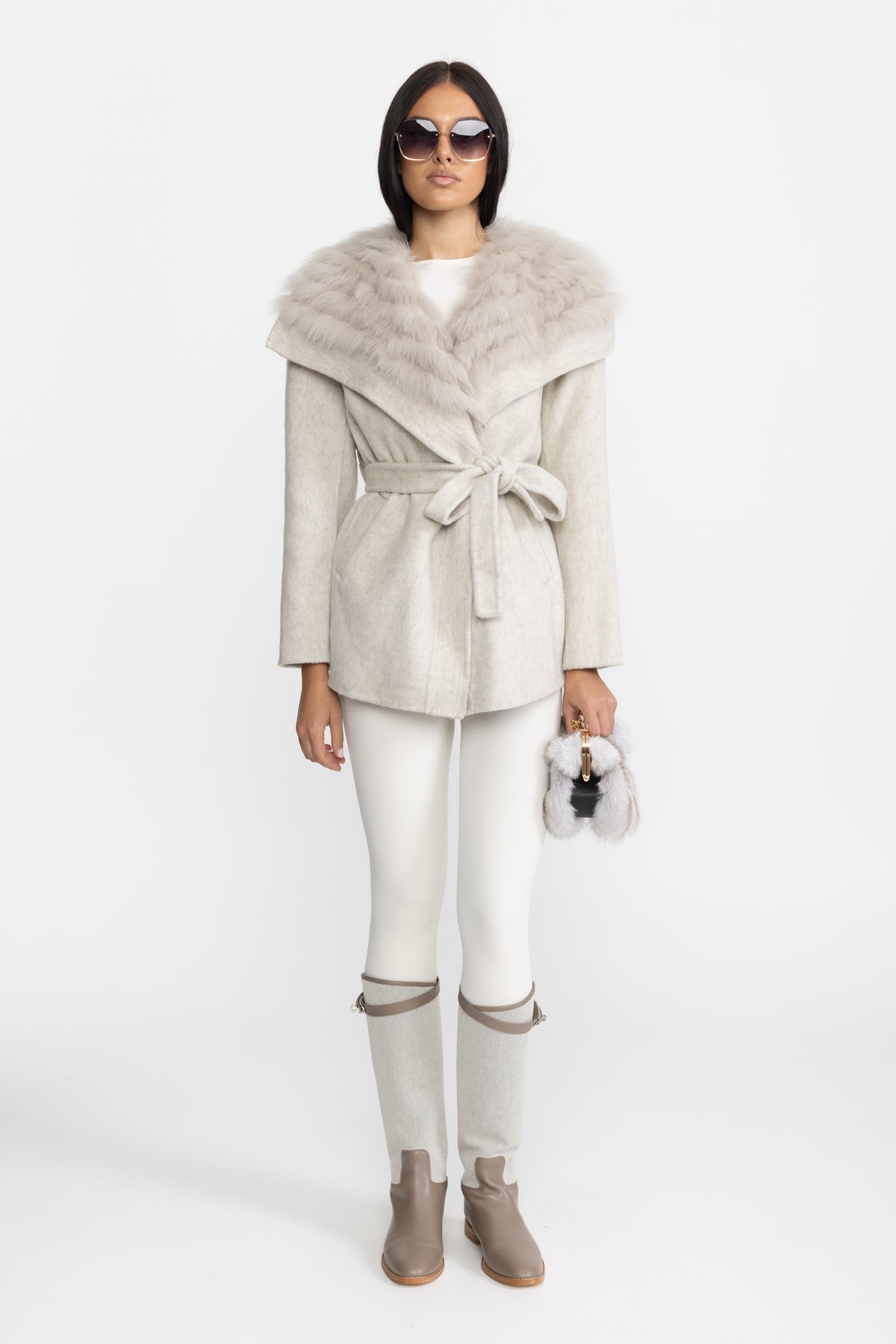 Wool Coat with Oversized Fur Collar And Belt - Light Grey