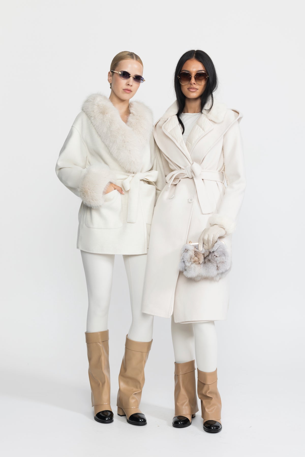 Quilted Back Hooded Wool Wrap Coat with Mink Fur - Ivoire