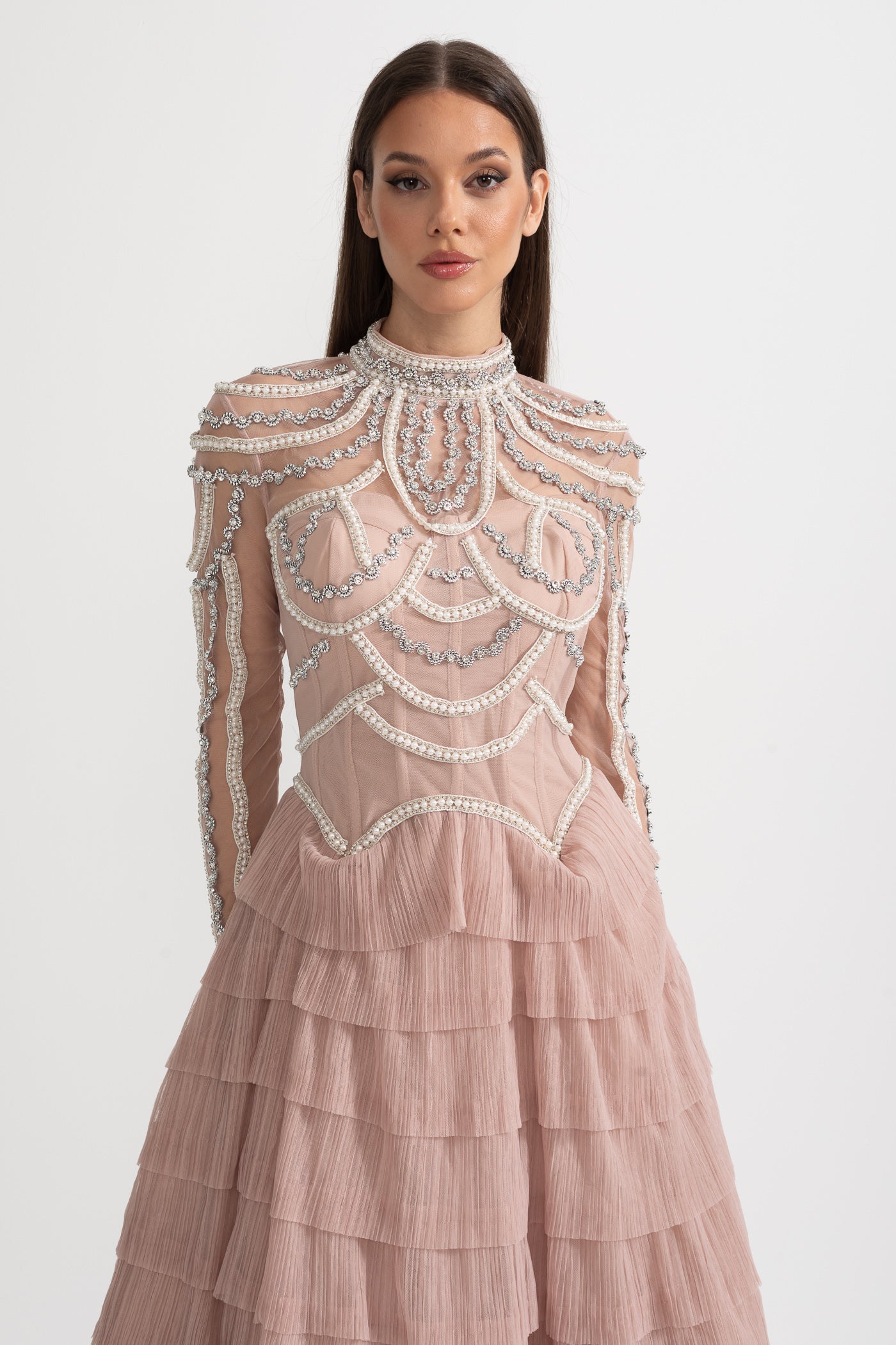 Elegant Long Sleeved Dress With Layered Ruffled Skirt And Intricate Sparkling Embellishments - Pink