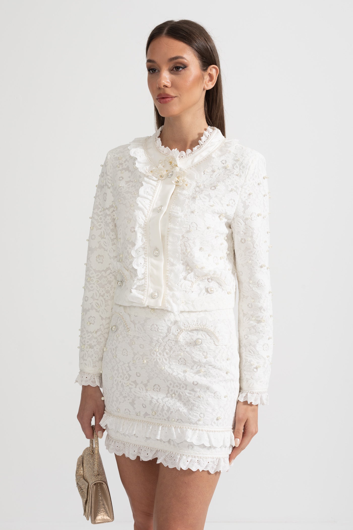 Elegant Two-Piece Ensemble With Exquisite Pearl Embellishments - White