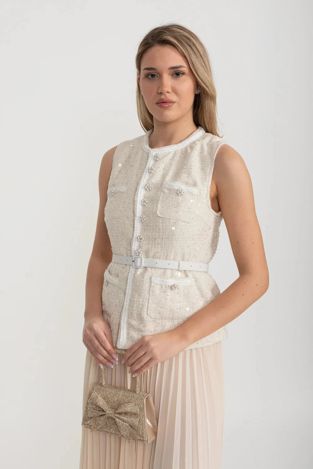 Textured Co-Ord With Front Pockets And Sheer Pleated Skirt - Ivoire