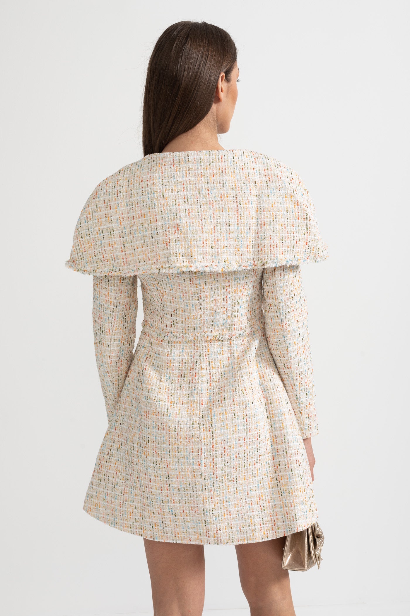 Long Sleeved Textured Tweed Dress With Distinctive Large Shoulder Flaps - Ivoire