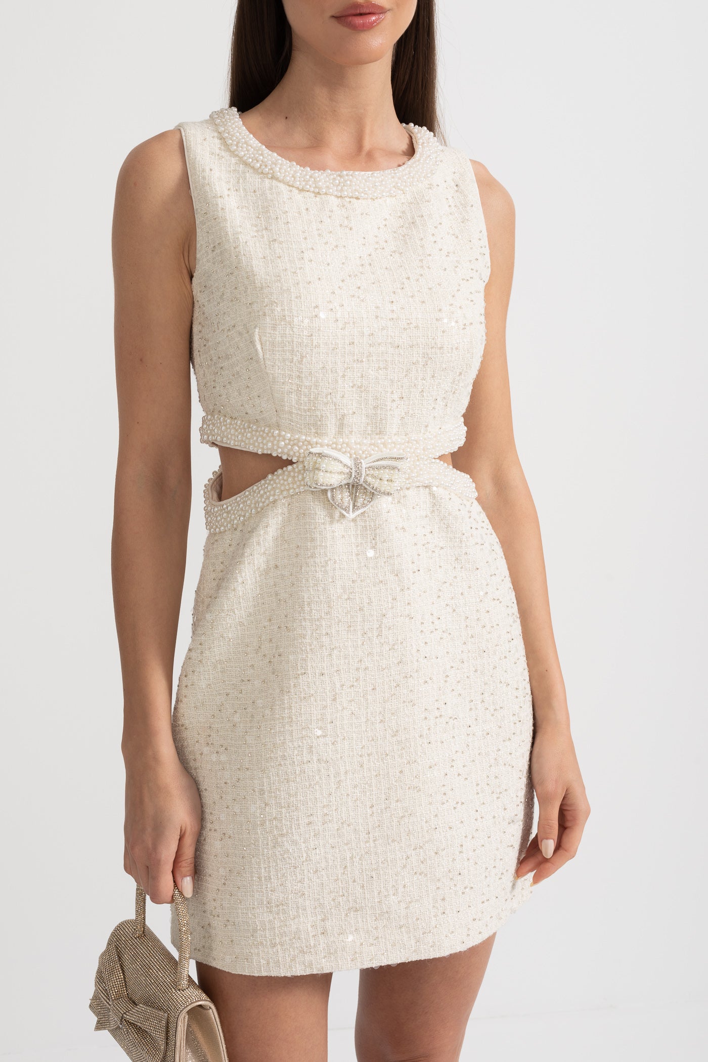 Sequin Sleeveless Mini Dress With Waist Cutouts And Bow - Ivoire