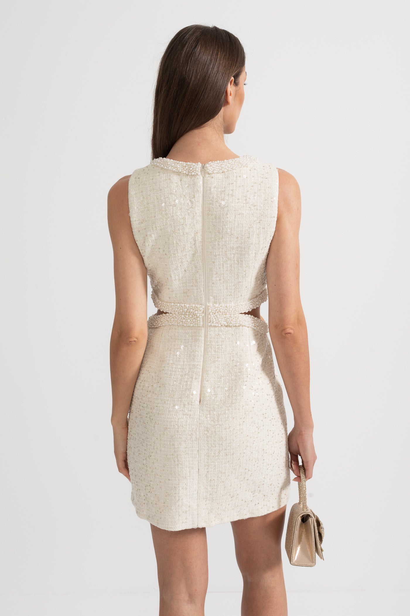 Sequin Sleeveless Mini Dress With Waist Cutouts And Bow - Ivoire