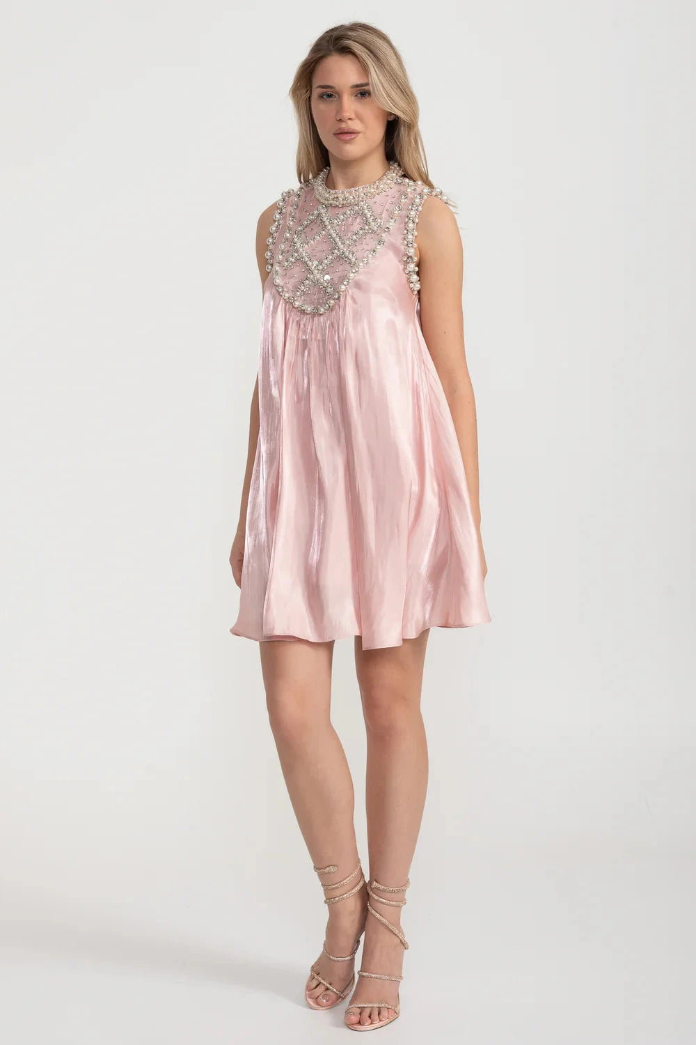 Elegantes A-Linien ärmelloses Kleid mit aufwendigen Perlen- und Kristallverzierungen - Pink 