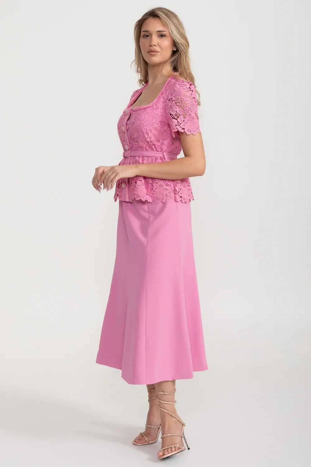 Elegant Dress With Lace Top, Matching Belt And Coordinated Skirt - Pink