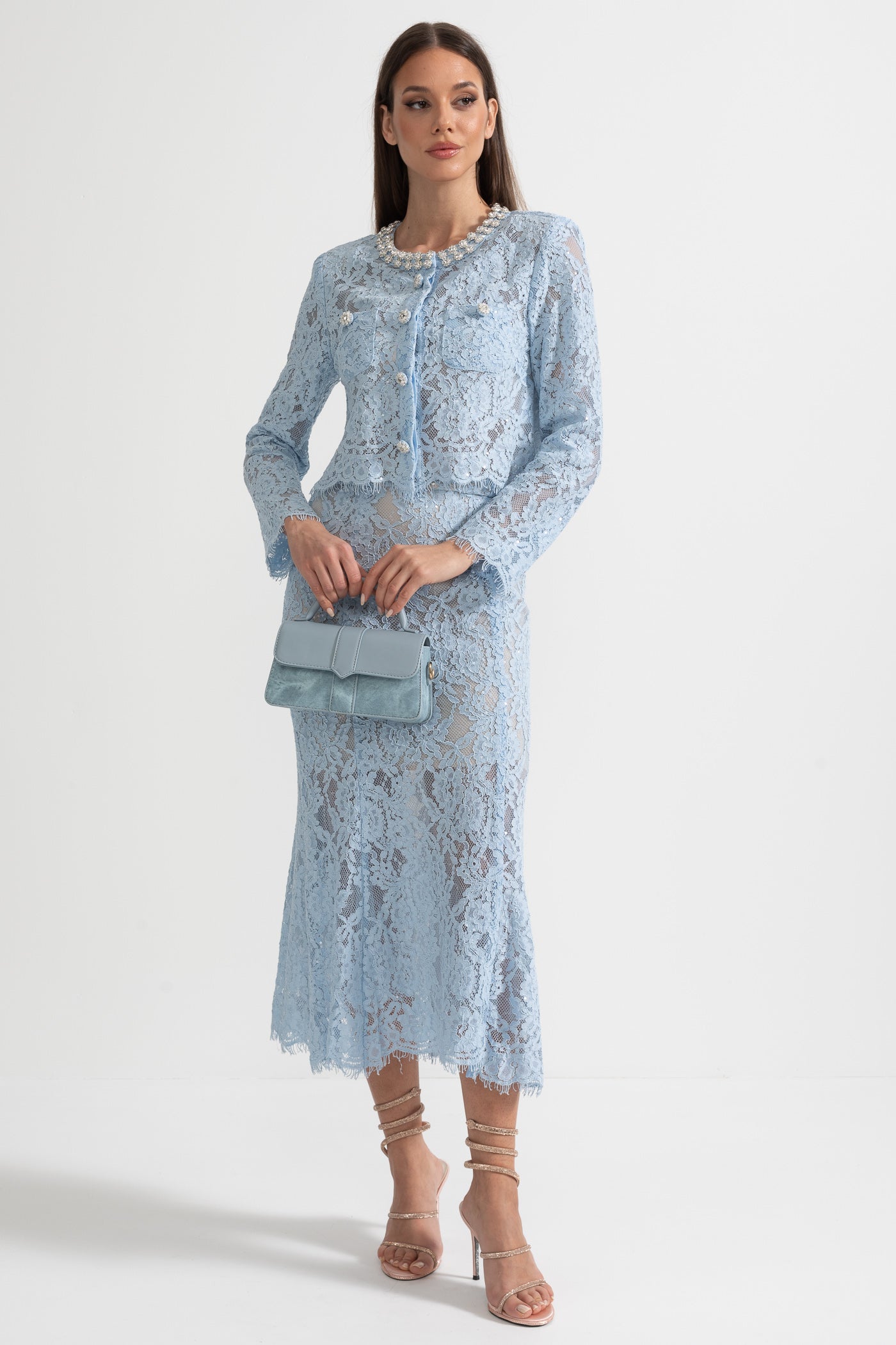 Lace Co-Ord With Sparkling Neckline Embellishments And Midi Skirt - Blue