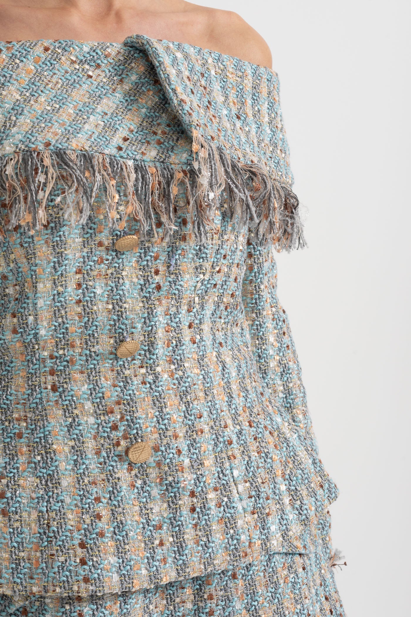 Plaid Tweed Set With Off-Shoulder Top And Coordinated Mini Skirt - Blue