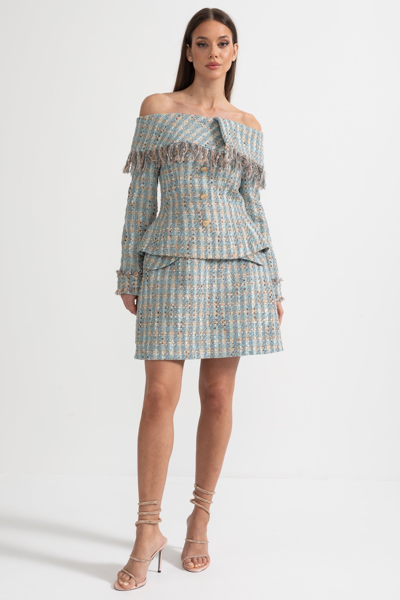 Plaid Tweed Set With Off-Shoulder Top And Coordinated Mini Skirt - Blue