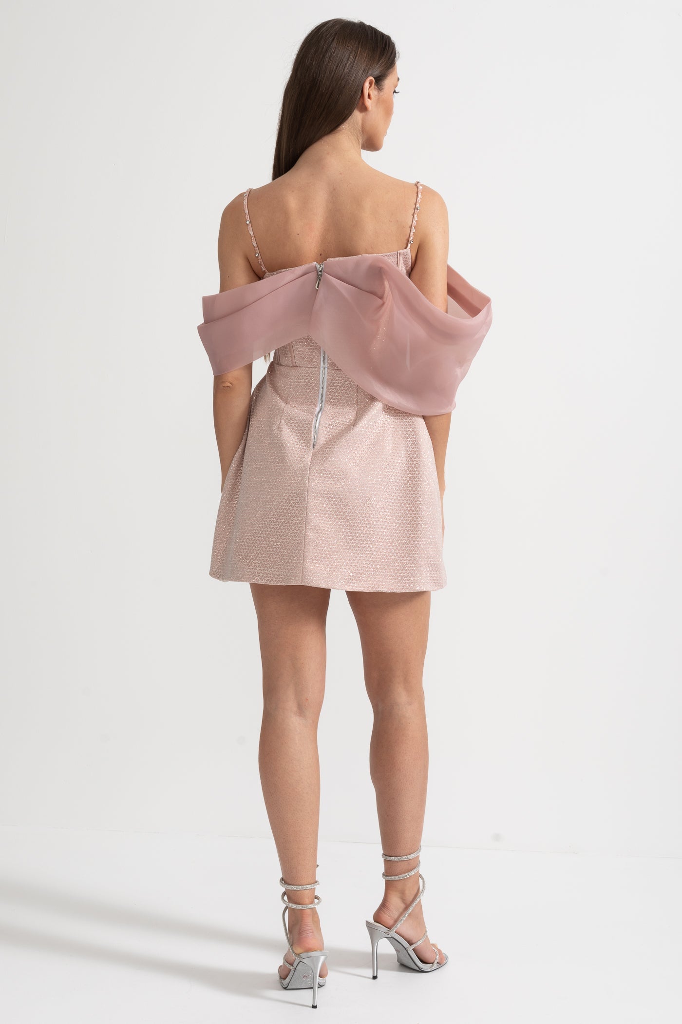 Mini Textured Dress With Fitted Bodice, Patterned Fabric And Sheer Draped Overlay - Pink