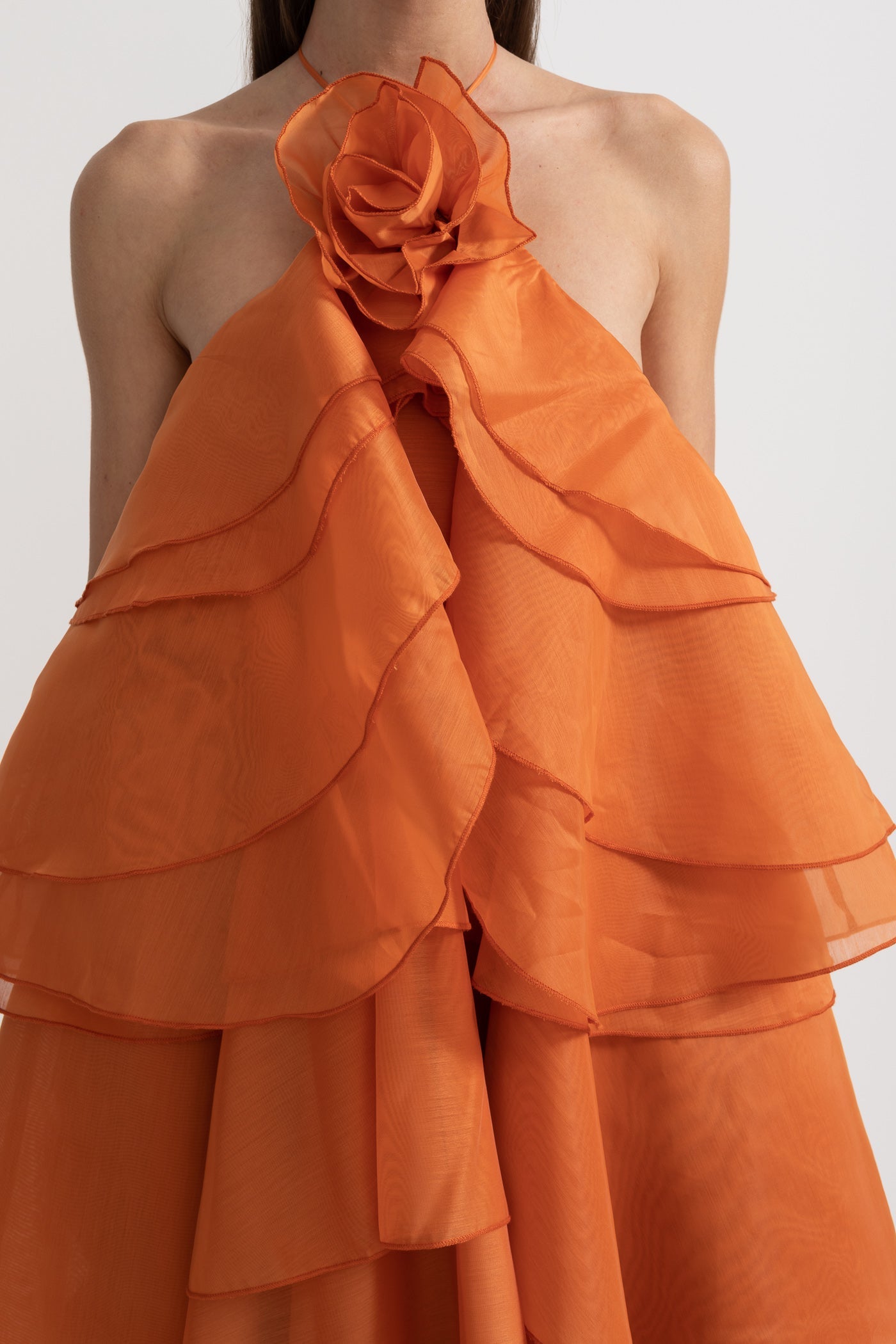 Layered Ruffle Halter Dress With Decorative Neckline Flower - Orange