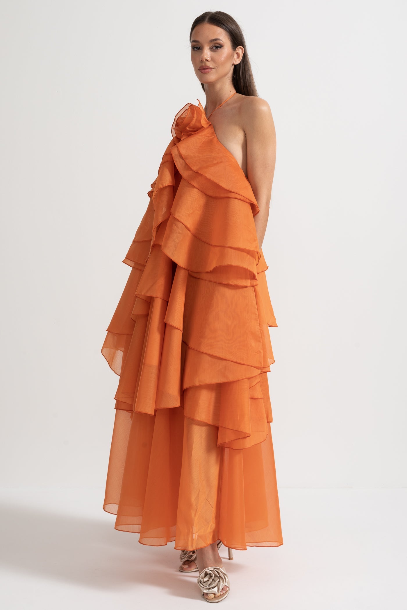 Layered Ruffle Halter Dress With Decorative Neckline Flower - Orange