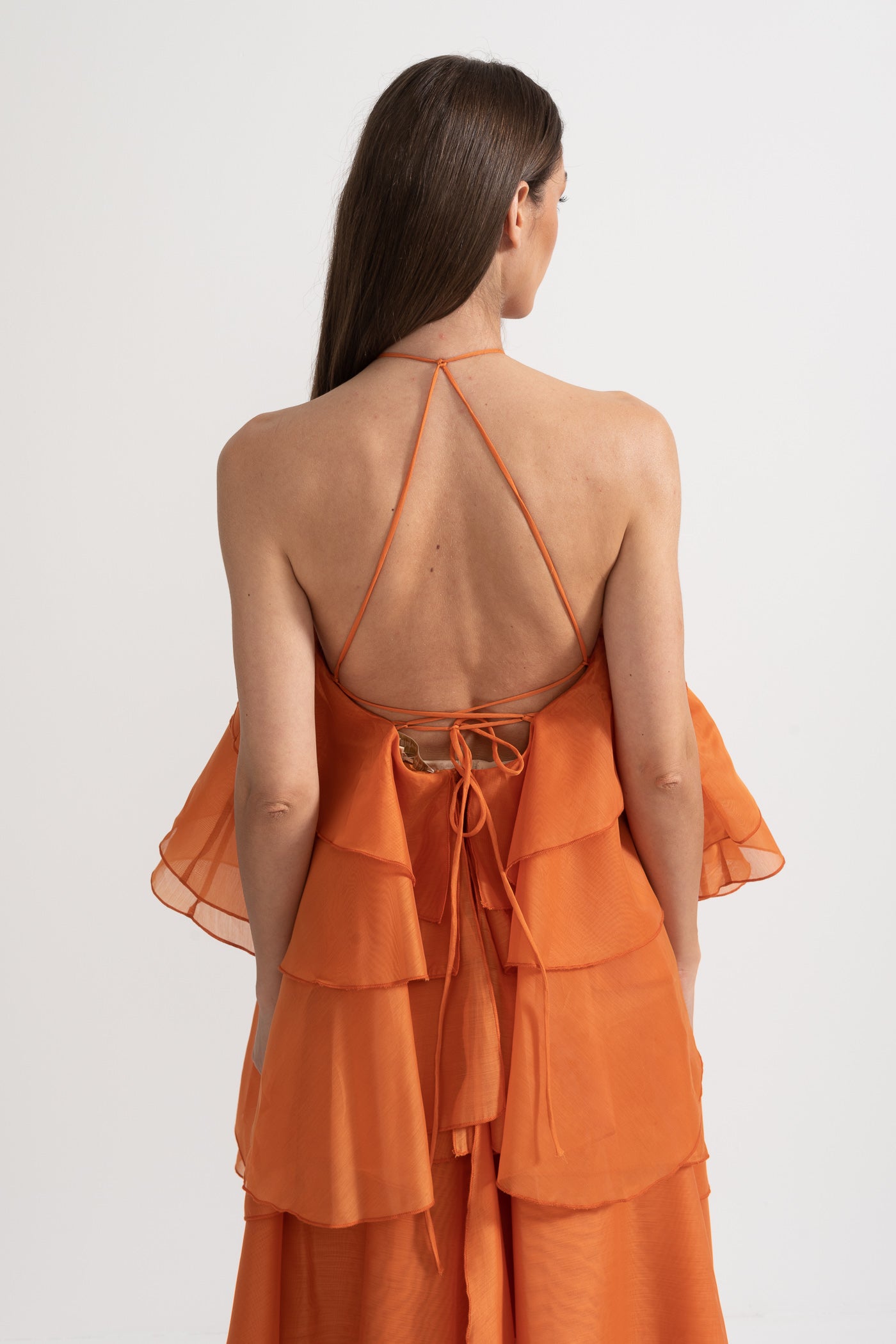 Layered Ruffle Halter Dress With Decorative Neckline Flower - Orange