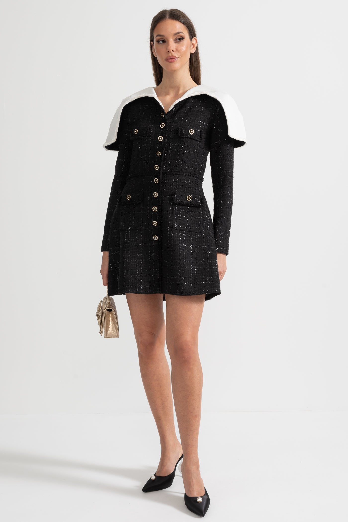 Long Sleeved Textured Tweed Dress With Distinctive Large Shoulder Flaps - Black