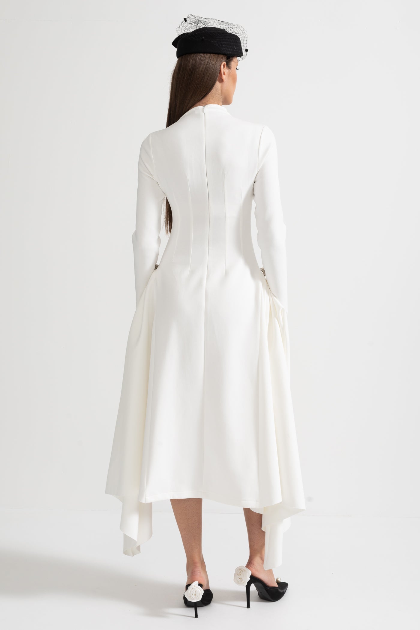 Long-Sleeved Dress With Asymmetrical Hem And Structured Silhouette - White