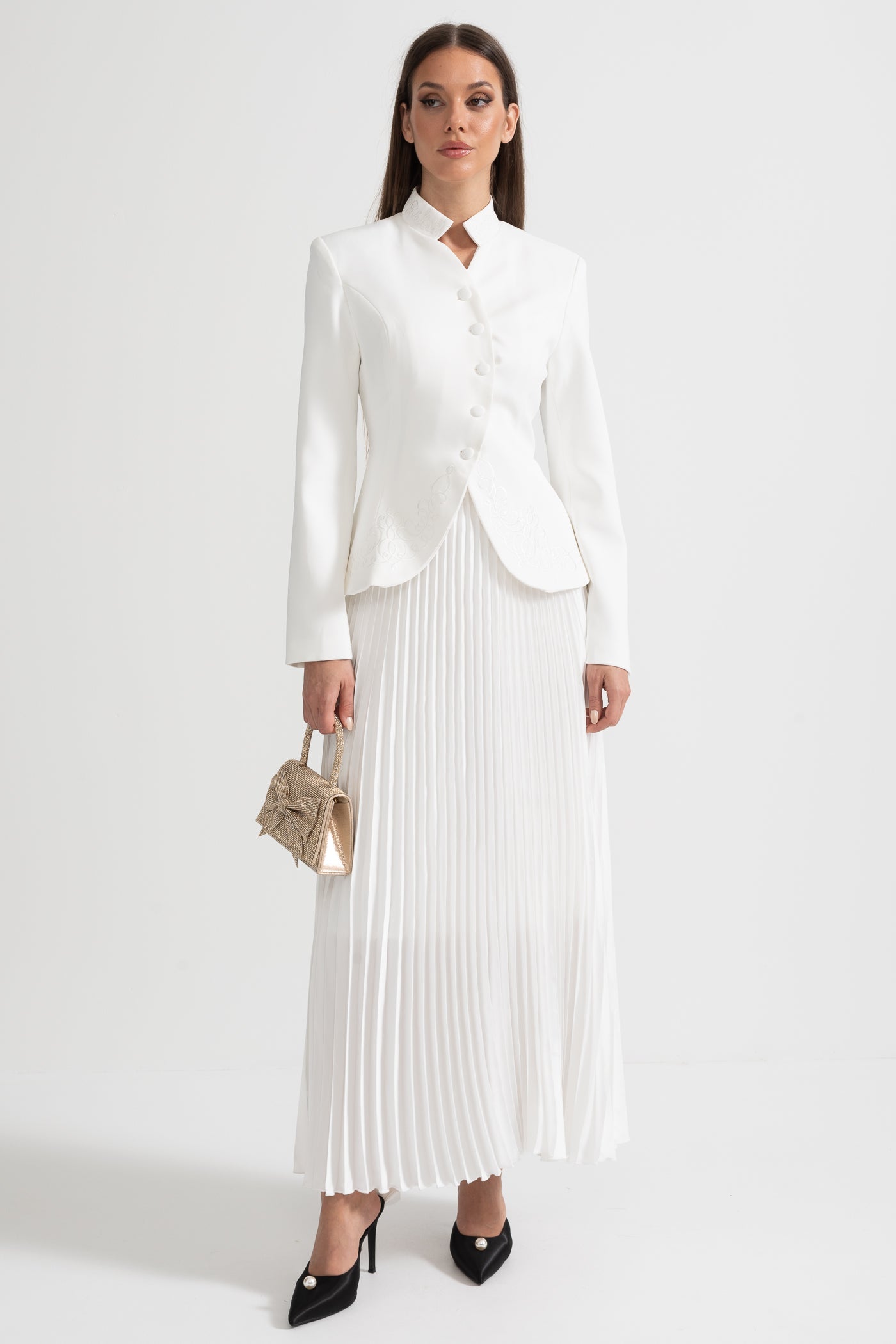 Pleated Skirt and Structured Jacket Co-Ord Set With Decorative Stitching - White