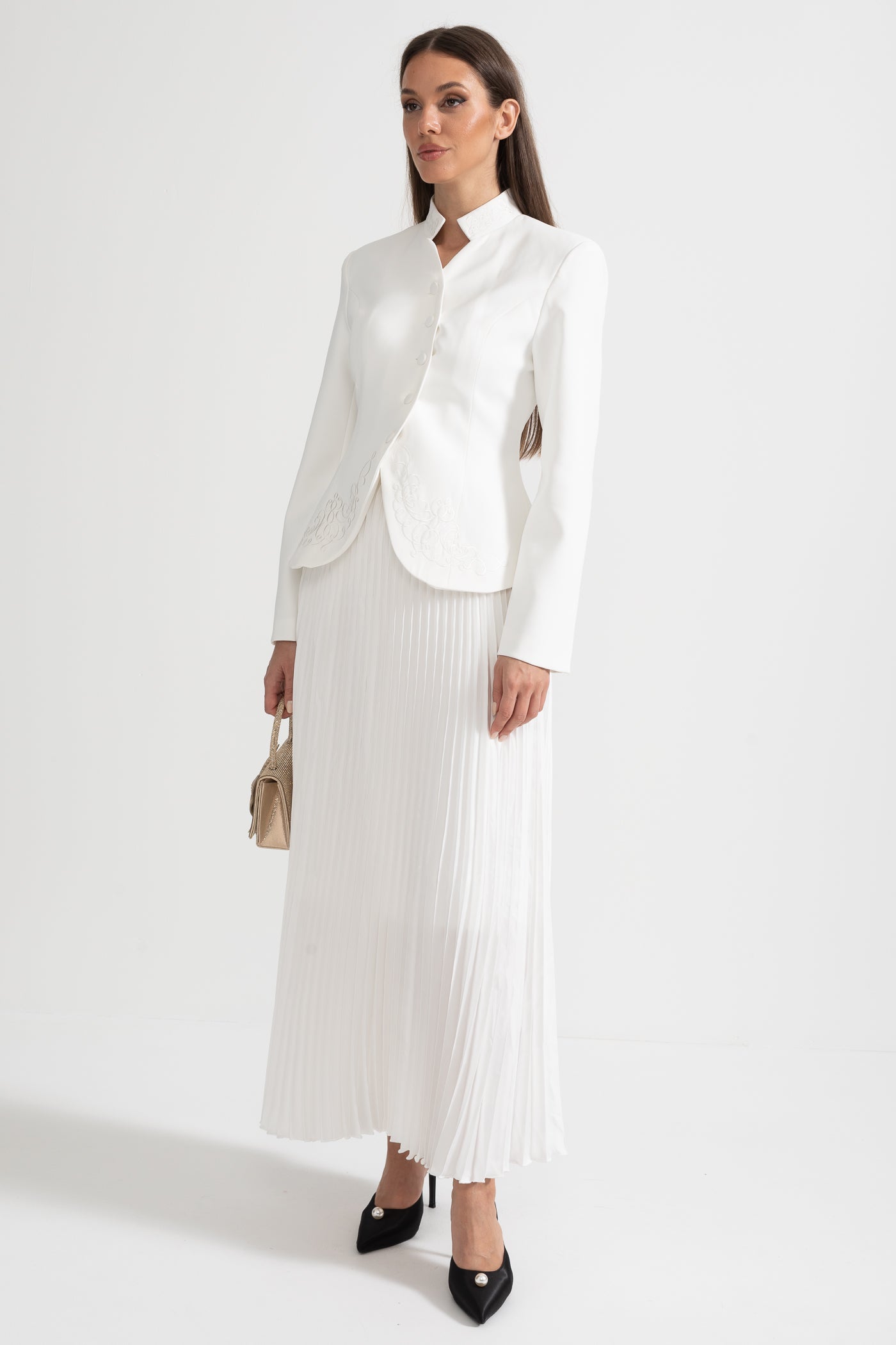 Pleated Skirt and Structured Jacket Co-Ord Set With Decorative Stitching - White