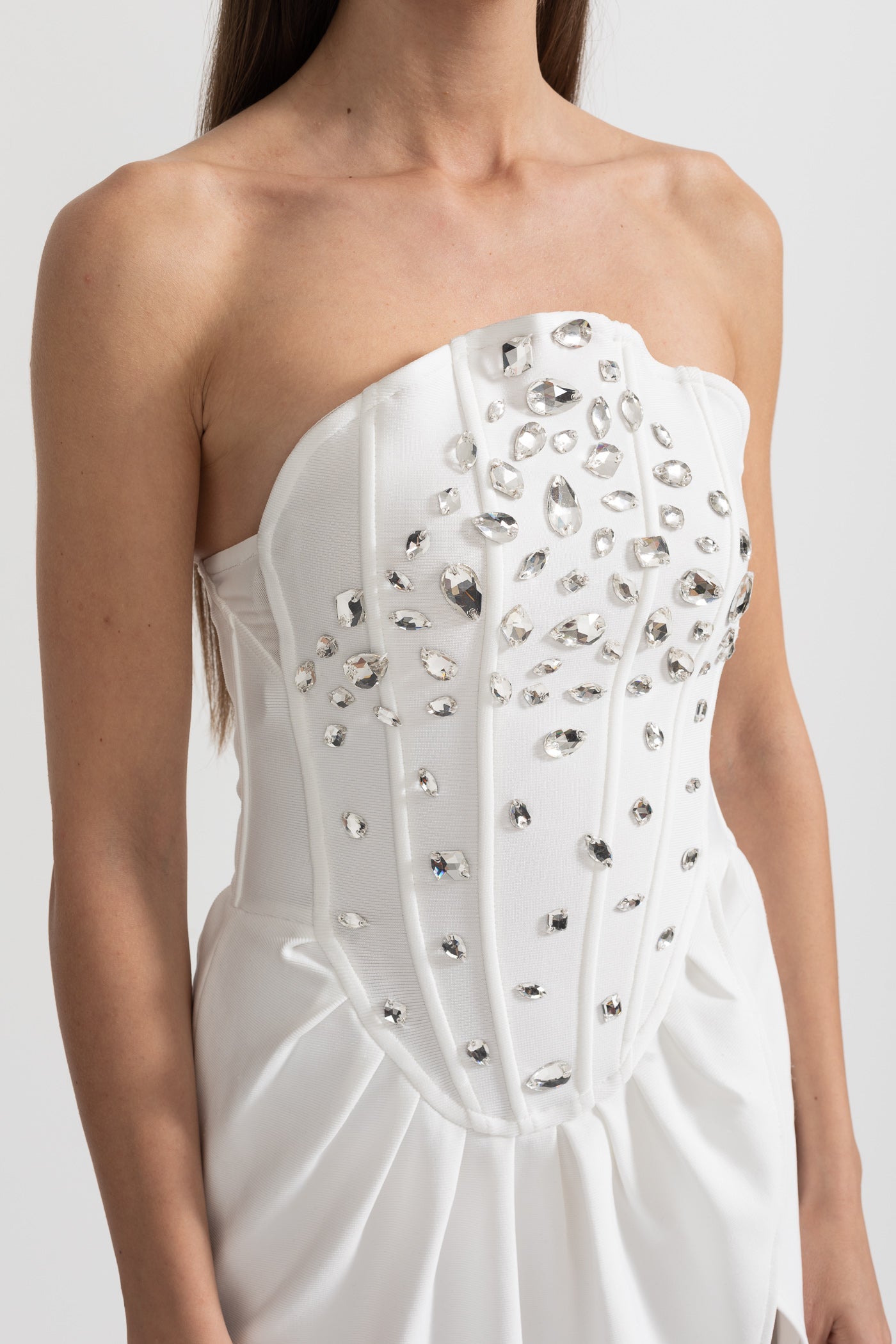 Elegant Satin Gown With Side Slit And Crystal Adornments - White