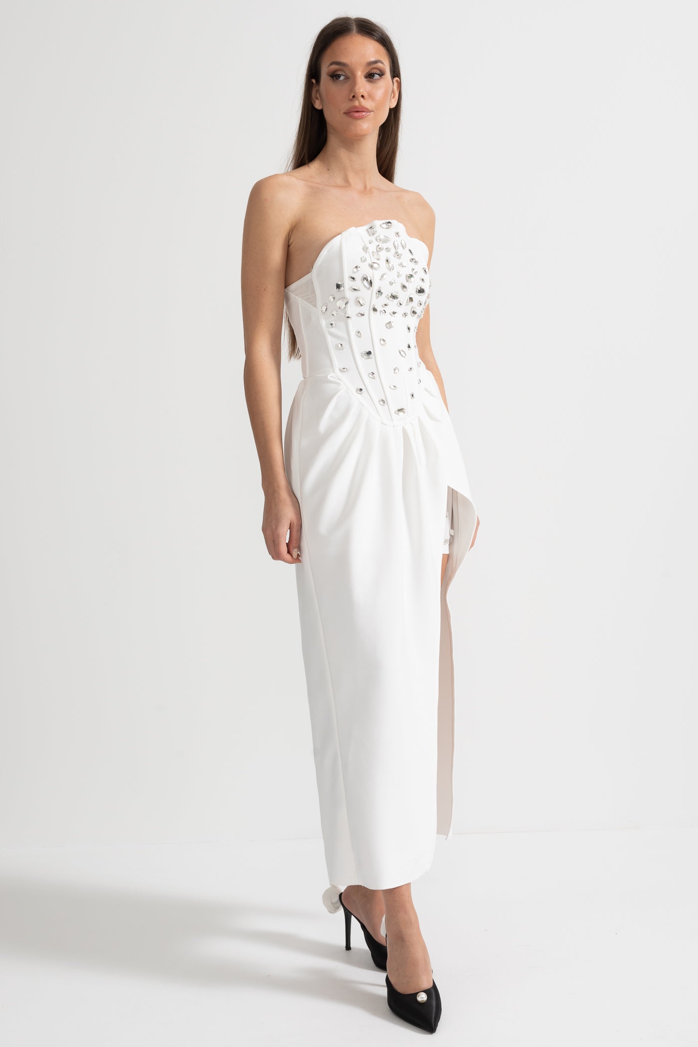 Elegant Satin Gown With Side Slit And Crystal Adornments - White