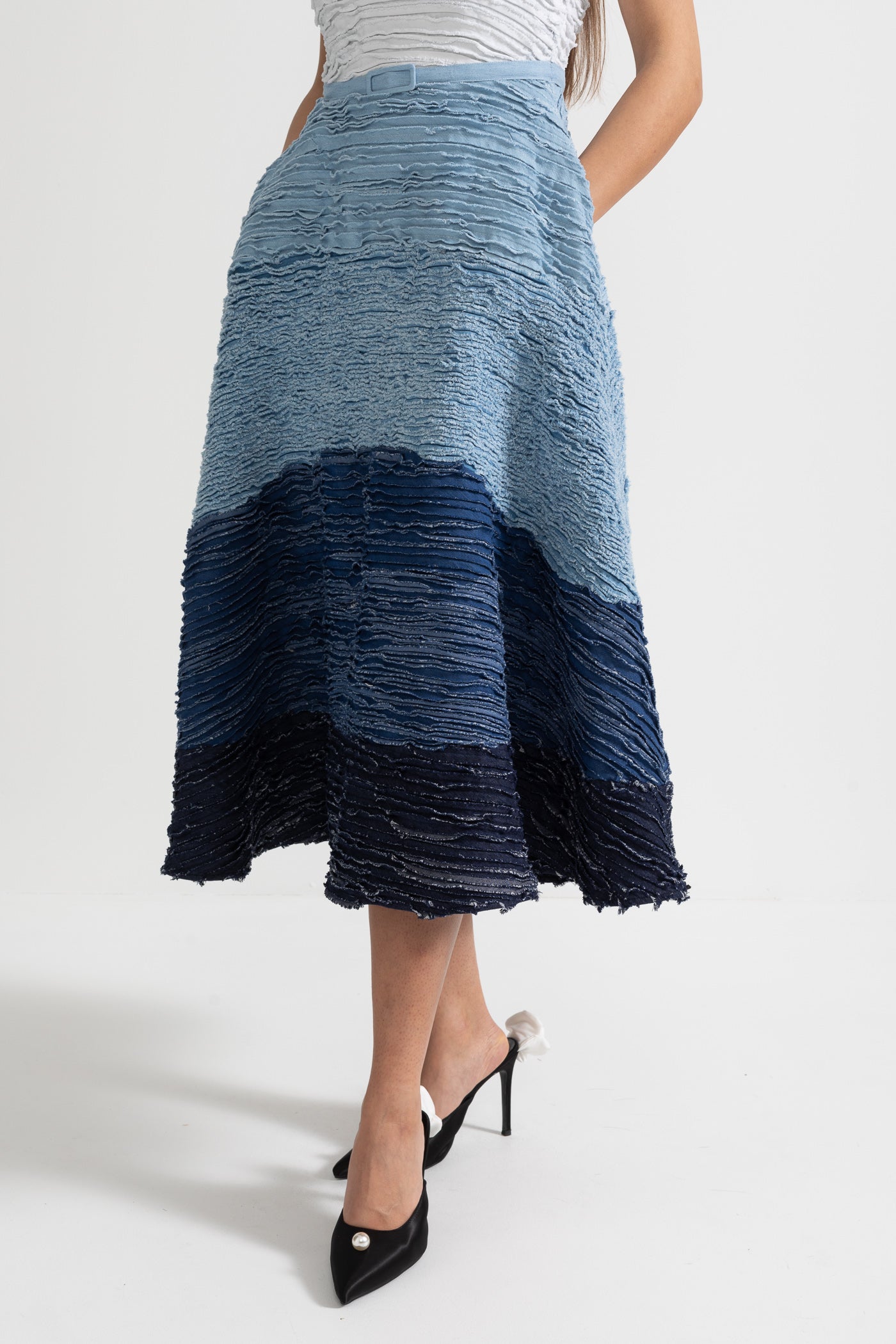 Ombre Midi Dress with Textured Layered Fabric - White/Blue