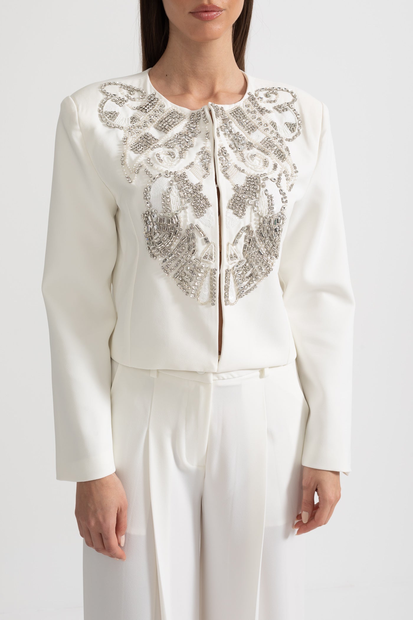 Embellished Jacket and Wide-Leg Trousers Co-Ord Set with Ornate Beadwork - White