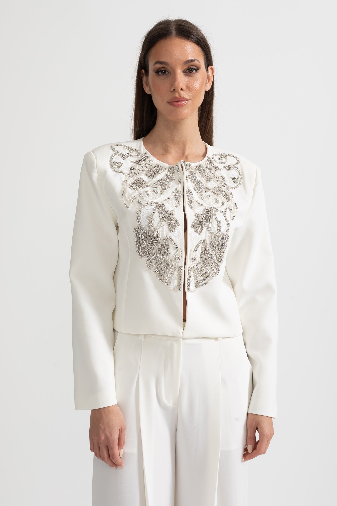 Embellished Jacket and Wide-Leg Trousers Co-Ord Set with Ornate Beadwork - White