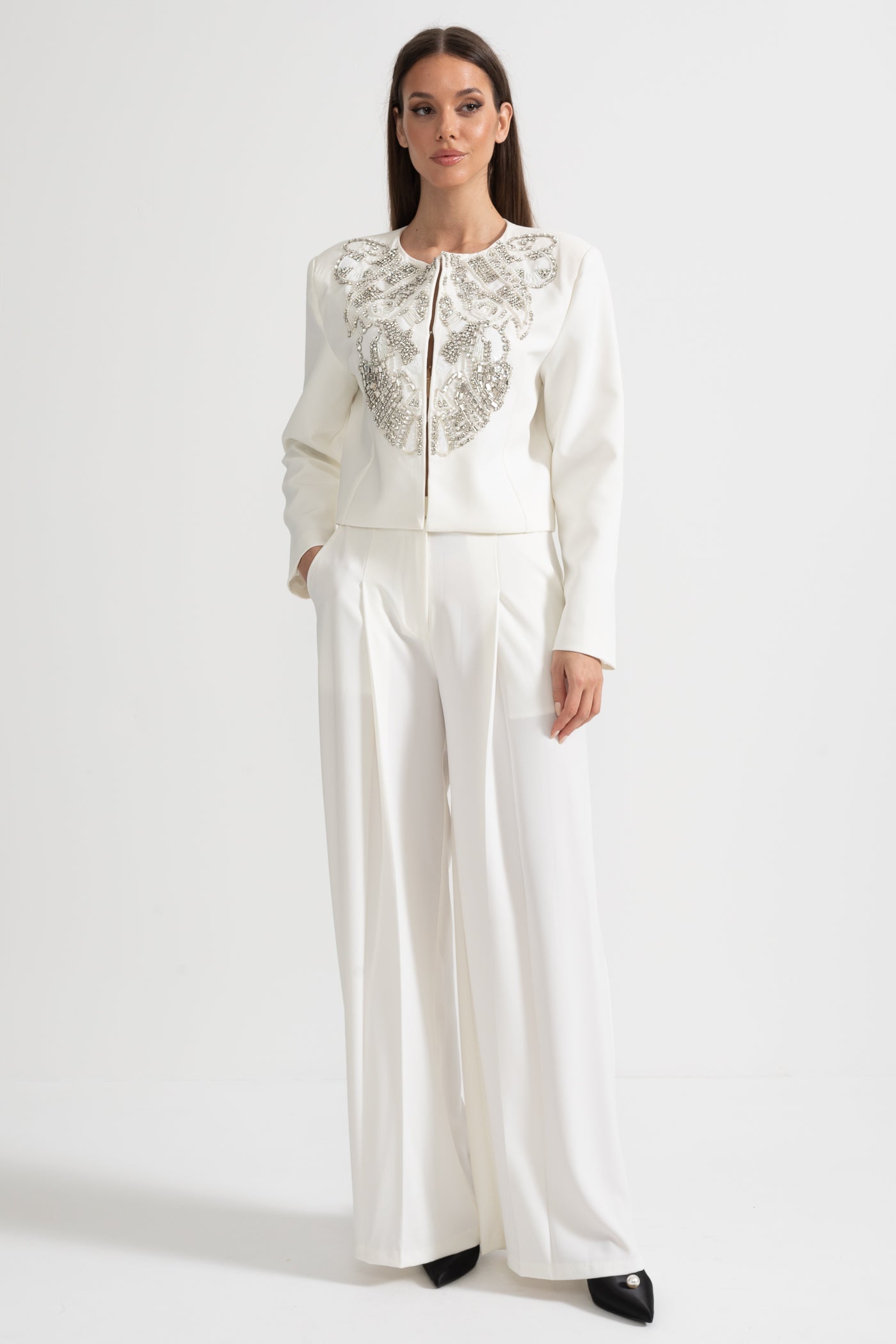 Embellished Jacket and Wide-Leg Trousers Co-Ord Set with Ornate Beadwork - White