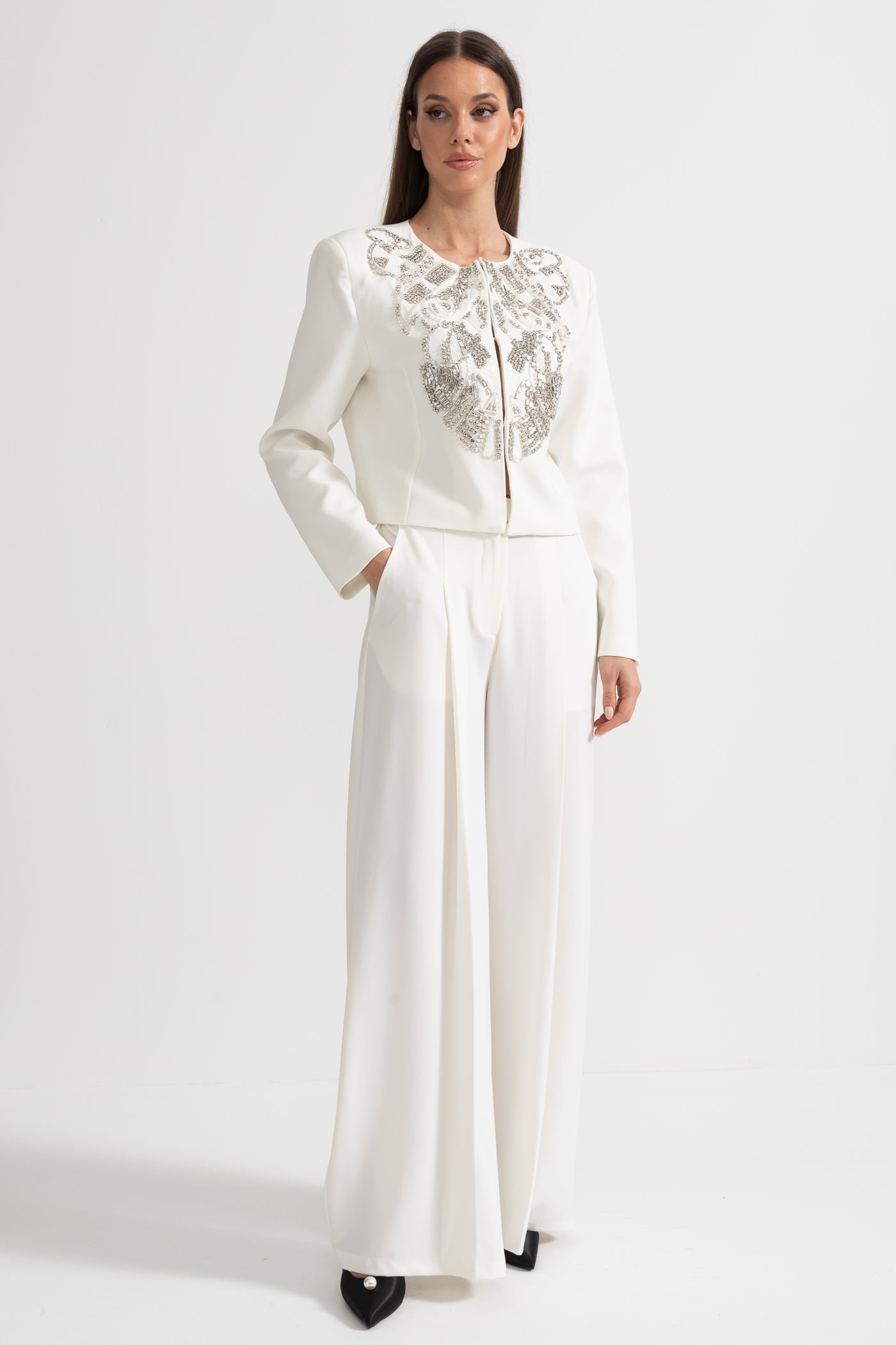 Embellished Jacket and Wide-Leg Trousers Co-Ord Set with Ornate Beadwork - White